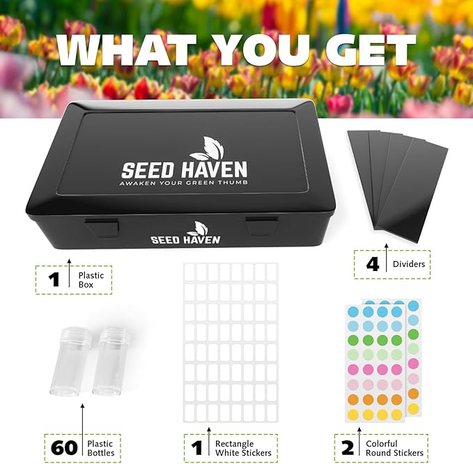 Seed Organizer Storage Box, Black Opaque Light Proof Seed Bank with 60 Transparent Bottles & Labels, Seed Holder Packet Organizer, Seed Vault Container for Homesteaders, Garden Tackle and Sorter