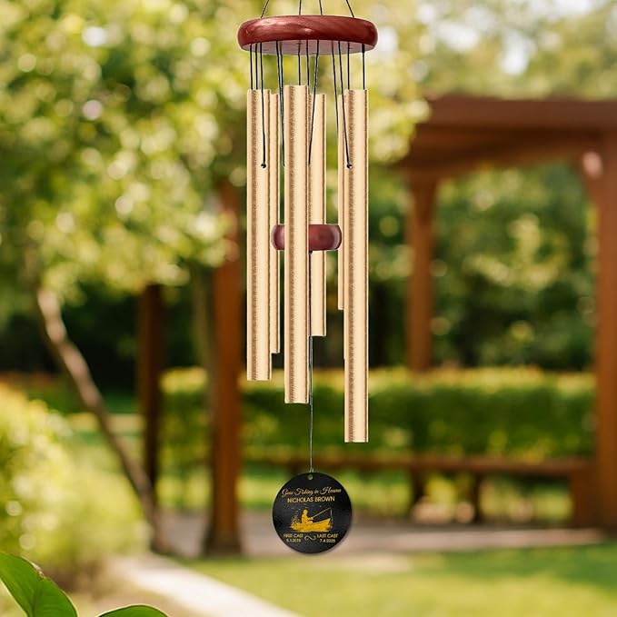Personalized Gone Fishing Memorial Wind Chime – “Gone Fishing in Heaven” Fisherman Wind Chimes– Custom Name & Dates – Outdoor Sympathy Gift for Men, Dad, or Grandpa – Memorial Garden Decor for Loss