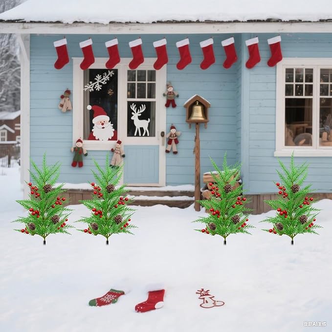 Green Pine Christmas Tree Stake Realistic Decorative Berry Artificial Plants Garden Stakes with Ground Spike (Green 3, One Size)