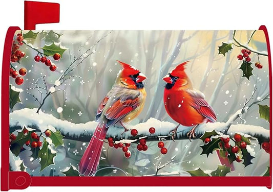 Cardinal Red Birds Mailbox Covers Magnetic, Winter Snow Mailbox Covers Standard Size 18"X21", Christmas Post Letter Box Cover Yard Outdoor Garden Decor