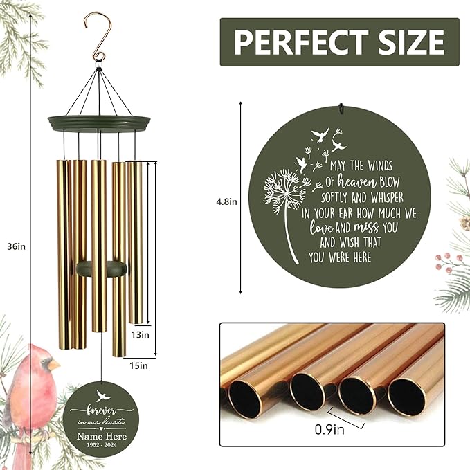 Personalized 30/36 inch Wind Chimes Memorial, Deep Tone Memorial Wind Chimes for Loss of Loved One/Mom/Dad, Sympathy Gifts for Bereavement