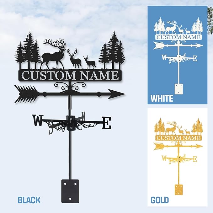 Personalized Deer Metal Weather Vane, Custom Family Name Weathervane, Wind Direction Indicator, Weather Vanes Roof Mount, Wind Vane Outdoor Decor for Farmhouse Garden Shed, Housewarming Gifts