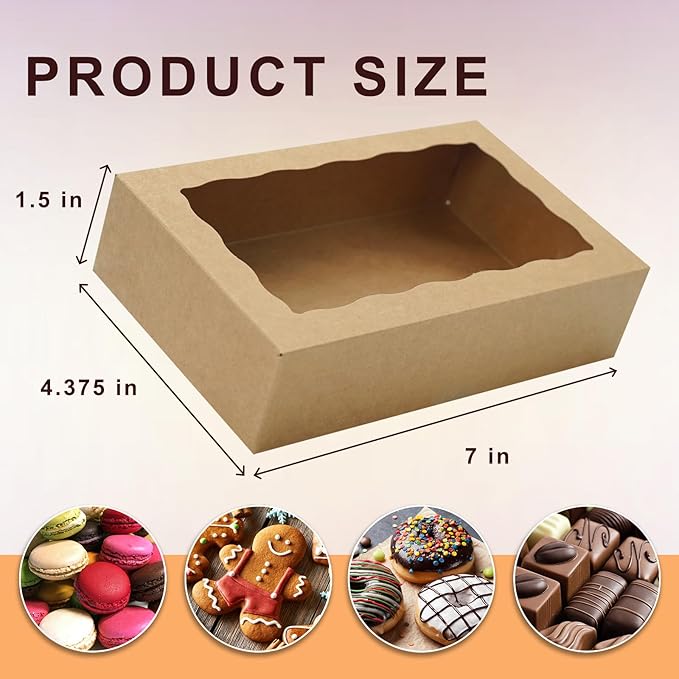 50pcs Cookie Boxes 7" x 4 3/8" x 1 1/2" Inch Bakery Boxes with window Treat Box Chocolate Covered Strawberries Box for Christmas Valentine's Mother's Day - Brown