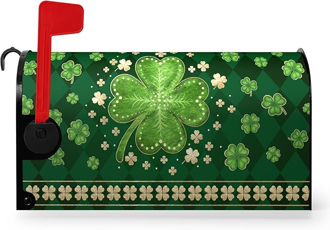 St Patrick's Day Mailbox Cover Magnetic Standard Size 18 X 21 Inch Green Shamrock Clovers Magnetic Mailbox Covers Spring Post Letter Box Cover Wraps for Outside Garden Decor