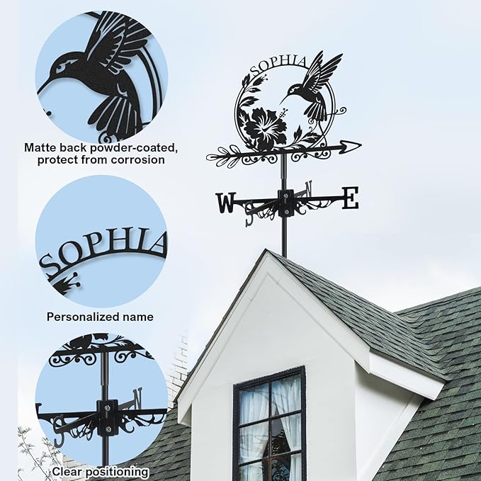 Personalized Hummingbird Metal Weather Vane, Custom Name Weathervane, Wind Direction Indicator, Weather Vanes Roof Mount, Wind Vane Garden Decor for Outside Farmhouse Yard, Customized Gifts