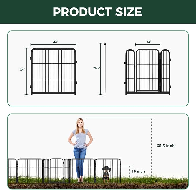 FXW Garden Fence Outdoor for The Yard – 24in(H) x 30.4ft(L) Heavy Duty Metal Animal Barrier for Dog and Rabbit, Decorative Dog Fence, 16 Panels, Black