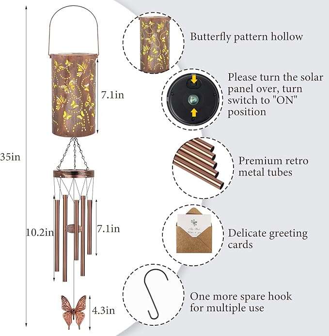 YHmall Butterfly Wind Chimes for Outside, 35'' Solar Wind Chimes Butterfly Gifts for Women Grandma Mom Solar Lanterns Memorial WindChimes Outdoors for Garden Christmas Decor