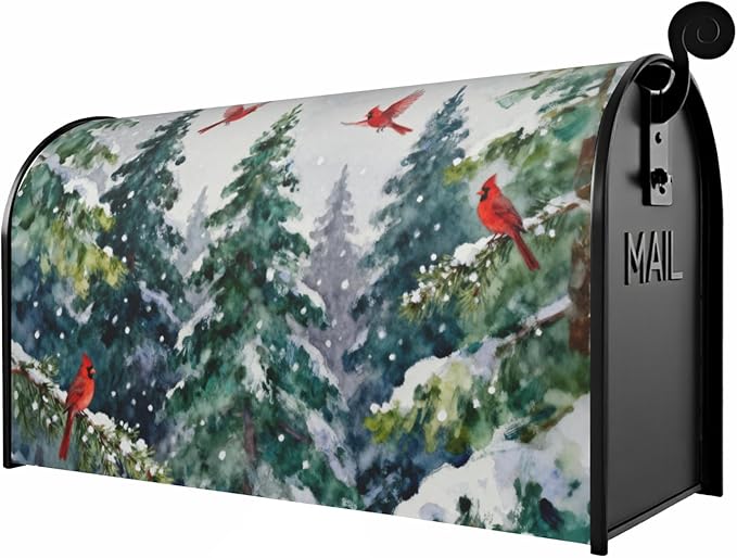 Winter Christmas Tree Large Mailbox Covers Magnetic Oversized Green Red Cardinal Bird Snow Scene Theme Outdoor Decorative Holiday Seasonal Letter Box Cases for Home Garden Outside Decor, 25.5x21 Inch