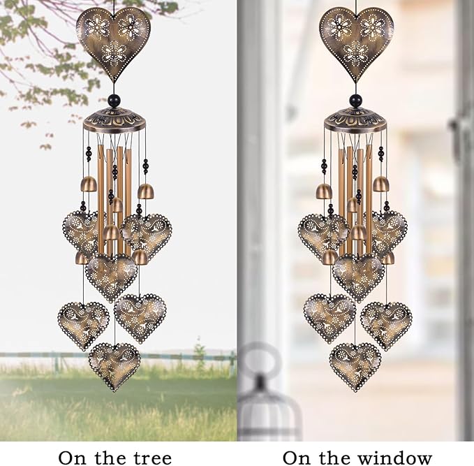 Heart Shape Wind Chimes for Garden, Gifts for Mom, Home, Balconies, Rooms, Patio, Indoor, Outdoor Heart Decoration, Hearts Shape Wind Catcher, Bronze Memorial Wind Bells, Hearts Wind Chimes Decor