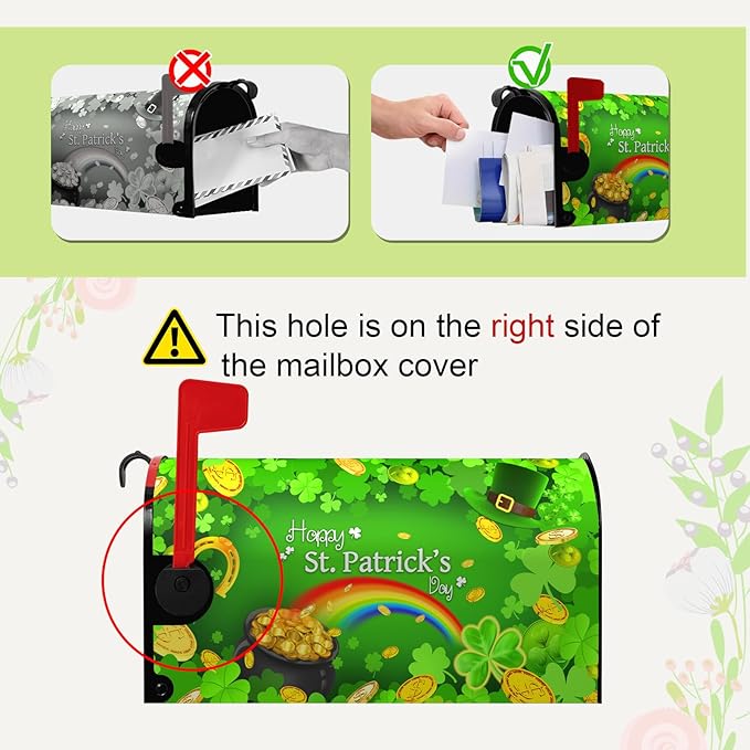 Happy St Patrick's Day Mailbox Cover Magnetic Large Size 25.5" X 21" Shamrock Clovers Rainbow Green Hat Oversized Mailbox Covers Gold Coins Patrick Mail Post Letter Box Wrap Outdoor Decor
