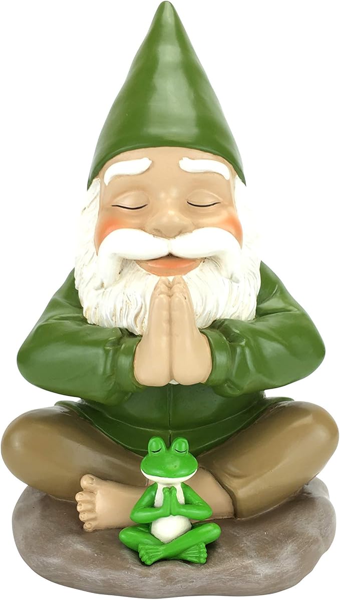 GlitZGlam Zen Gnome and Zen Frog - Namaste– Tranquility and Peacefulness for Your Fairy Garden and Garden Gnomes A Large 9¼ Inches Tall Miniature Gnome Figurine