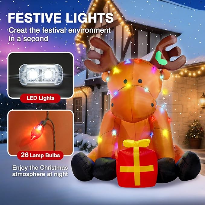 Christmas Inflatable Outdoor Decorations, 8 FT Giant Inflatables Reindeer Yard Decor with Colorful String Lights, Blow up LED Lights Holiday Decorations for Indoor Outside Lawn Garden
