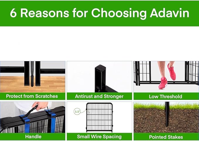 ADAVIN 32 in(H) Garden Fence with Low Threshold Door, 12 Panels Total 26.6 Ft(L) Tall Yard Fence for Dogs, Garden Fences Border, Black Iron Metal Heavy Duty Dog Fencing for Yard or Camping