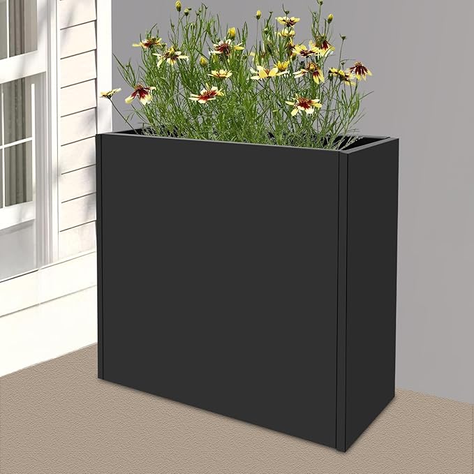 Metal Planter Box, Tall Rectangular Raised Garden Bed with Removable Shelf and Drainage Holes, Modern Steel Garden Planter, Flower Planter Boxes for Patio, Yard & Porch, Outdoor (Black, 34*10*30in)