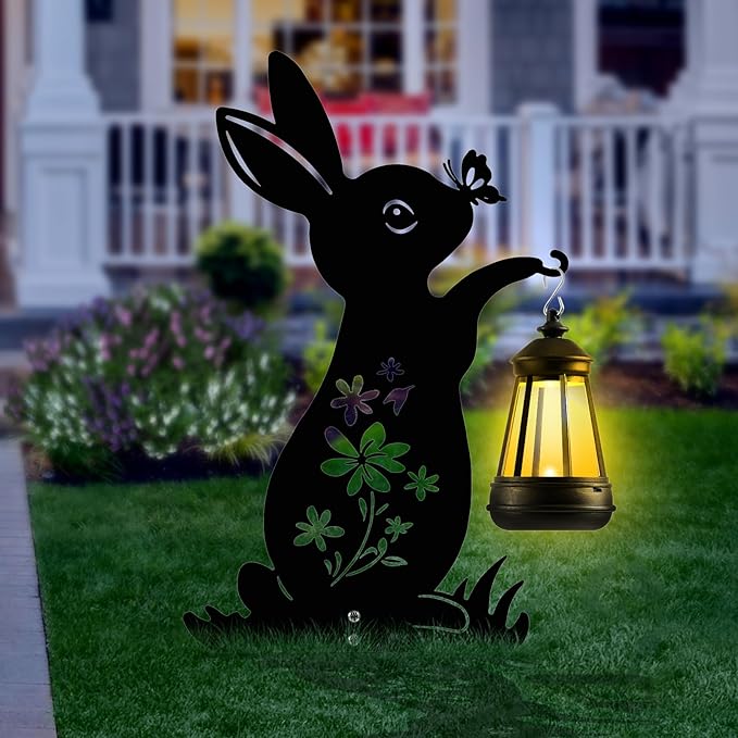 Bunny Solar Garden Stakes, Rabbit Silhouette Decorative with Solar Lantern, Metal Garden Decor for Yard,Lawn,Pathway