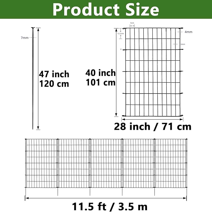 ARIFARO Decorative Garden Fence 5 Panels 40in (H) x 11.5ft (L) No dig Animal Barrier Fencing,Pet Fence Rustproof Metal Wire Panel Border for Dog,Rabbits, and Patio