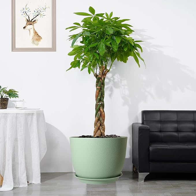 12/10/9 Large Modern Plant Pots, Plastic Planters with Drainage Holes and Saucers for Indoor Outdoor Plants Flowers, Green