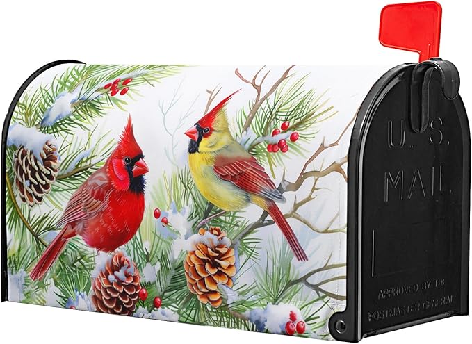 Winter Birds Mailbox Cover with Magnetic Christmas Tree Holly Branches Red Berry Pine Cone Mailbox Wrap Post Cover Standard Size 21x18 Inch for Garden Yard Outdoor Patio Hew Year Decor