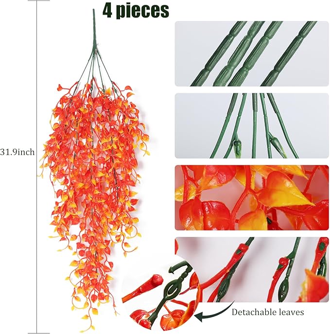 RECUTMS Artificial Hanging Plants Fall Garland 4Pcs 33 Inch Faux Wall Plant UV Resistant Fake Eucalyptus Leaves Ivy Greenery Indoor Outdoor Porch Garden Home Office Autumn Thanksgiving Party Décor