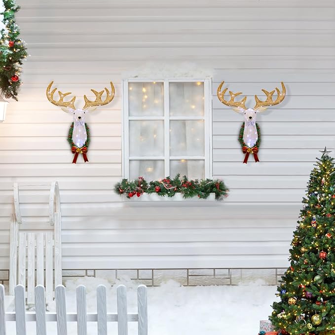 zekirose Lighted Christmas Reindeer Head Wall Decor，3D Rudolph Hanging Wreath，50 Waterproof Lights for Indoor/Outdoor Use. Decoration during Xmas Holidays. Ideal Christmas Deer Outdoor Décor.