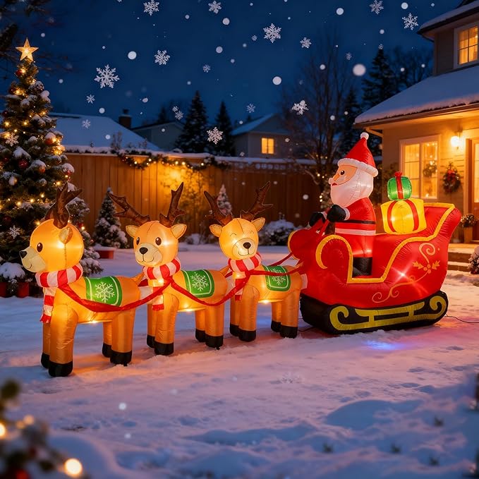 VCUTEKA Christmas Inflatables Outdoor Decorations, 12FT Blow Up Santa Claus Sleigh with Reindeer and Gifts, Animated Christmas Inflatable Yard Decoration with LED Lights for Holiday Lawn Garden Décor