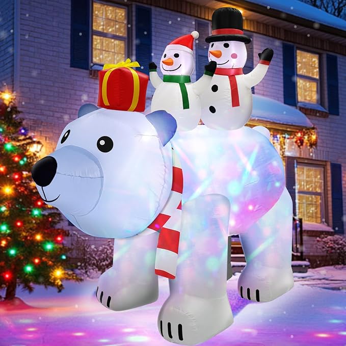 6 Ft Tall 5.7 Ft Long Christmas Inflatable Snowman Couples on Polar Bear with Rotating RGB Color Lights Christmas Outdoor Decorations Blow Up Snowman Inflatables Xmas Decor Yard Holiday Garden