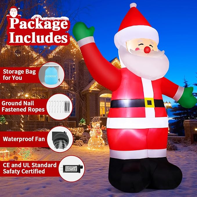 GOOSH 8.8 FT Waving Christmas Inflatables Santa Claus Shaking Hand - Outdoor Santa Christmas Decorations Blow Up Santa for Yard Holiday Party Garden Lawn