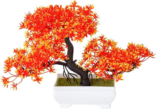 Mini Artificial Bonsai Tree Plants with Plastic Cement Pots for Home Office Décor(Orange)