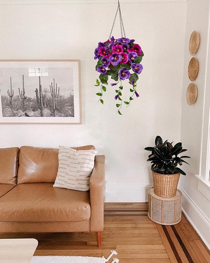 Briful Small Fake Flowers Hanging Basket, Pansy Artificial Flowers, Realistic Silk Spring Bloom Faux Flowers, 5 ⅞’’ Coconut Basket, for Home Farmhouse Balcony Outdoor Patio Garden Decor