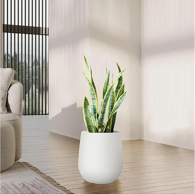16.9" H Resin Tall Planters for Outdoor Plants, Modern White Round Tapered Plastic Flower Pot for Outdoor and Indoor Plants, Large Plant Pot with Drainage Holes and Rubber Plug for Home Garden Patio