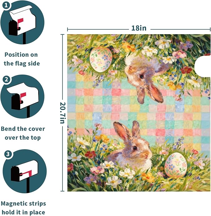 Spring Easter Bunny Floral Mailbox Covers Magnetic Standard Size Pastel Pink Plaid Rabbit Flower Egg Holiday Outdoor Seasonal Decorative Letter Box Cases for Home Garden Outside Decor, 21x18 Inch