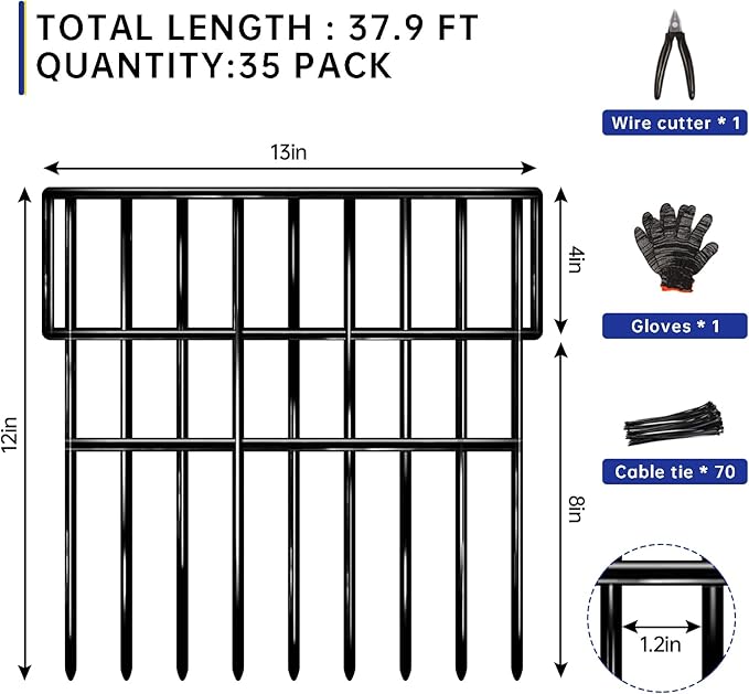 35 Panels Garden Fence Animal Barrier, 38 Ft(L) X 13 in(H) No Dig Fence for Dogs, Upgrade 1.2in Gap Garden Border Ground Defense, Rustproof Metal Outdoor Wire Fencing for Dogs, Rabbits