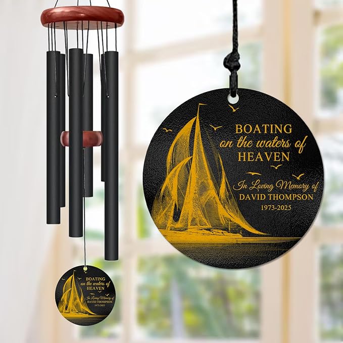 Personalized Boating Memorial Wind Chime – “Boating on The Waters of Heaven” Custom Name & Years – Nautical Sympathy Gift for Loss of Loved One – Outdoor Memorial Windchime for Sailors & Sea Lovers