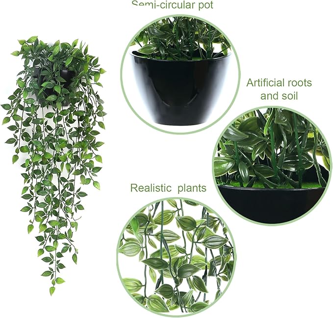Artificial Hanging Plants,2 Pack Fake Wall Plants,Faux Mandala Vines Potted Plant,Plastic Greenery with Wall Planter for Indoor Outdoor Garden Patio Office Décor