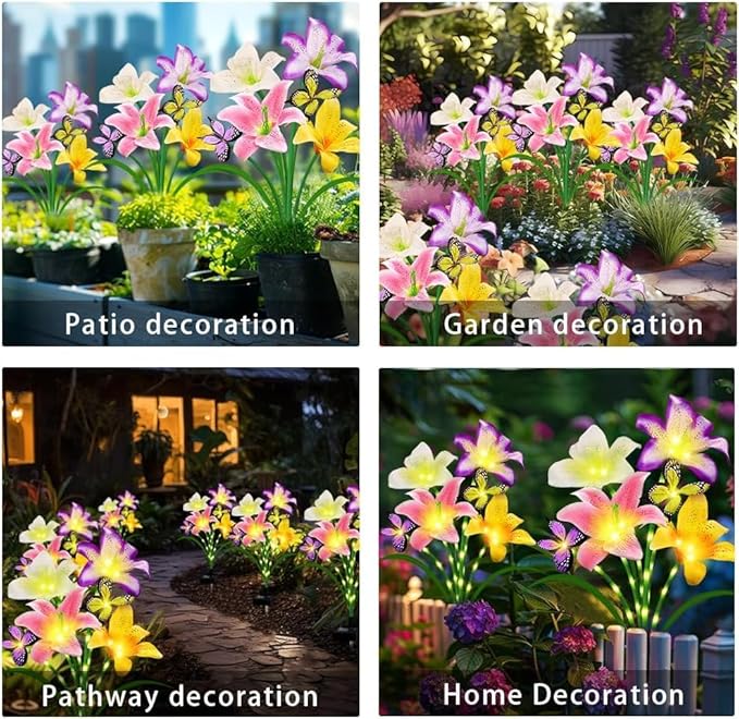 Solar Garden Lights 2 Pack with 8 lilies Outdoor Decorative flower Lights for Garden, Gift for family and Friends, IP65 Waterproof flower Solar Outdoor Stake Light for Yard Patio Lawn Pathway