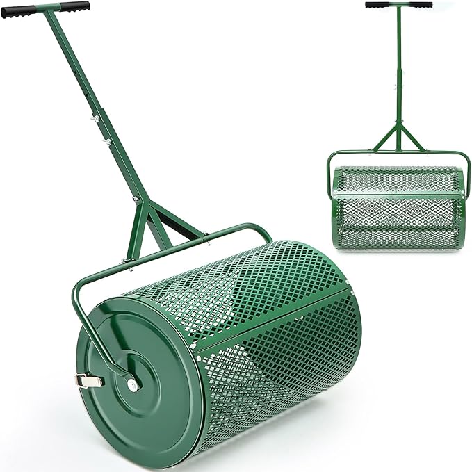 Hiboom 36 Inch Compost Spreader, Peat Moss Spreader, Manure Roller with Adjustable T Shaped Handle, Lightweight Metal Mesh for Lawn Garden Spreading Manure Topsoil (Green)