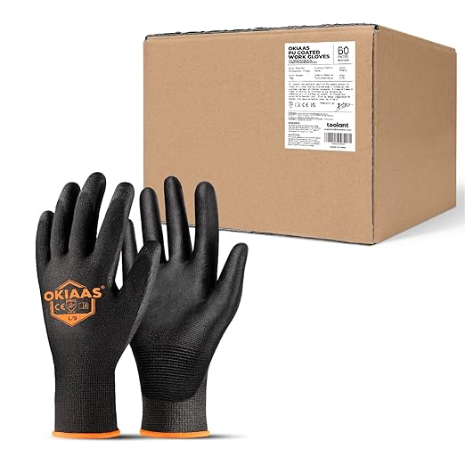 OKIAAS Work Gloves for Men，Ultra Thin and Lightweight Working Gloves with Grip, Bulk Case of 60 Pairs Construction Gloves with Polyurethane Coating, Safety Gloves for Light Duty Work (Black, Large)