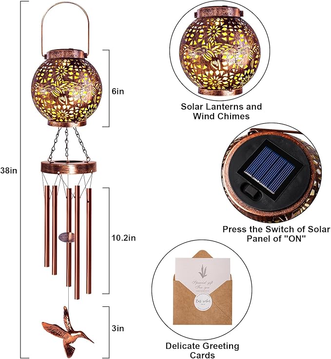 Wind Chimes for Outside 38" Hummingbird Solar Wind Chimes Outdoor Gifts for Mom Hanging Solar Lantern, Garden Decor for Patio Yard, Christmas Windchimes Outdoors Gifts for Women Grandma