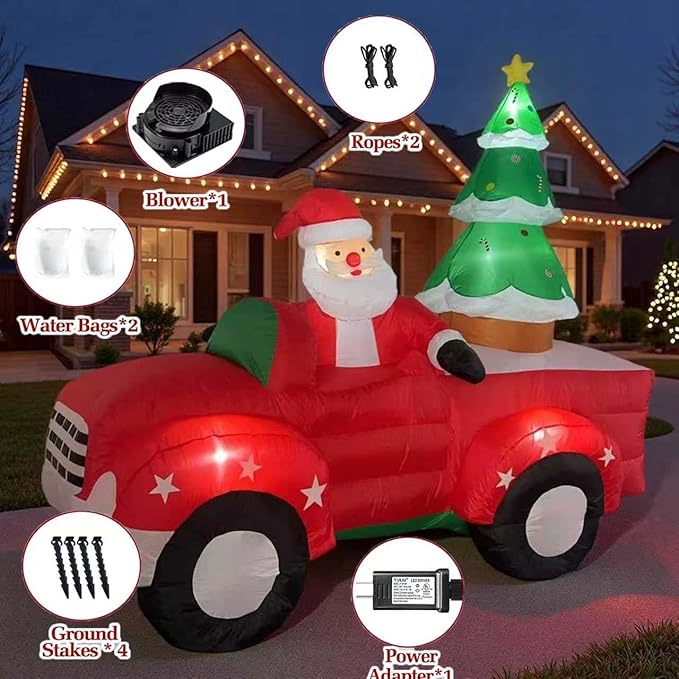 8 FT Christmas Inflatables Santa Claus in Sleigh with Two Reindeer Outdoor Decorations Blow Up Yard Santa Claus with Built-in LEDs (Santa Claus Outdoor Decorations)