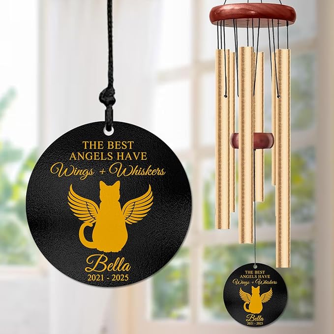 Personalized Cat Memorial Wind Chime – “The Best Angels Have Wings” Custom Engraved Name & Years – Pet Loss Sympathy Gift for Cat Lovers – Memorial Windchime for Friend Remembrance Décor