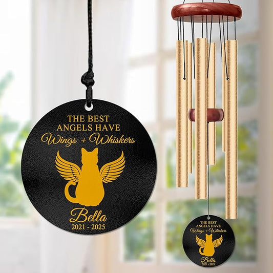 Personalized Cat Memorial Wind Chime – “The Best Angels Have Wings” Custom Engraved Name & Years – Pet Loss Sympathy Gift for Cat Lovers – Memorial Windchime for Friend Remembrance Décor