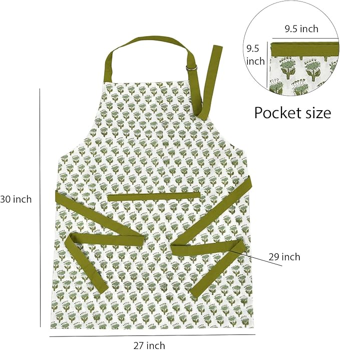 CPC Cotton Floral Kitchen Apron for women with Pocket and Adjustable Neck Ties. Apron for Women Men Chef-Hand Block Printed