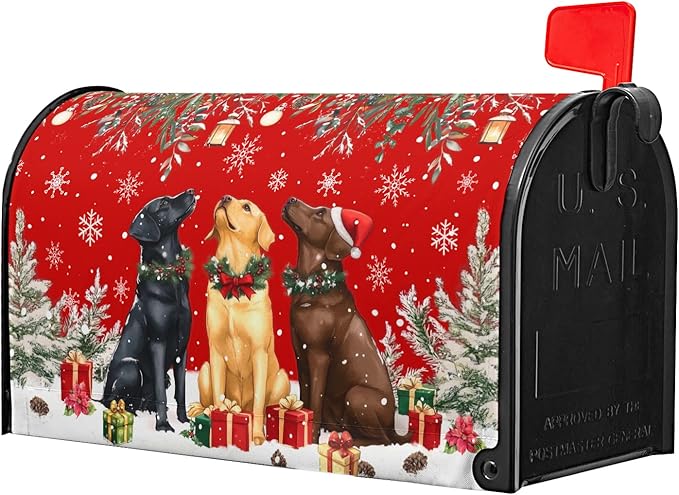 Christmas Dog Mailbox Cover with Magnetic 21x18 Inch Xmas Puppy Trees Winter Snowflakes Waterproof Mailbox Wrap Letter Post Cover Standard Size for Garden Yard Outdoor New Year Decor