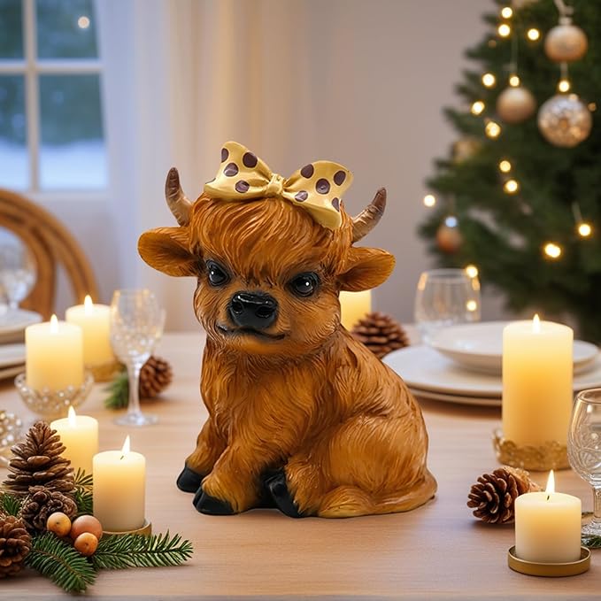 Highland Cow Figurine for Tie a Bow Decor, Highland Cows Themed Gifts for Women, Resin Figures Home Desk Decorations Accents (Brown) (1, Highland Cow Figurine(Brown))