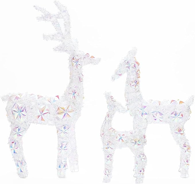 LuxenHome 3PCs Reindeer Christmas Decoration, Laser Tinsel & Holographic Reindeer Family with 340 LED Lights Front Porch Christmas Decorations Outdoor & Indoor Use, Lawn, Porch, Holiday Yard Display