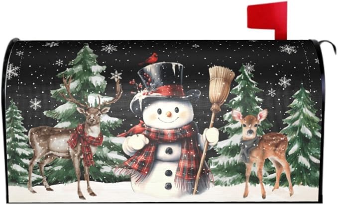 Winter Black Mailbox Covers Magnetic Standard Size 18 x 21 Inch Snowman Snowflake Reindeer Tree Letter Box Cover Outdoor Mail Wraps Cover for Garden Home Yard Decor