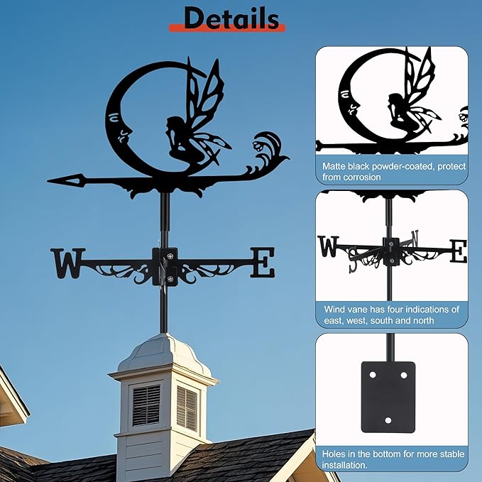 Fairy and Moon Weather Vane, Black Metal Weathervane Roof Mount, Wind Direction Indicators Wind Measuring Tool Outdoor, Wind Vane Ornament Decoration for Shed Garden Yard Farmhouse Patio Decor