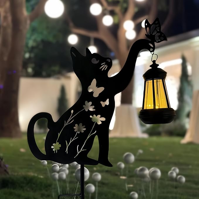 Metal Black Cat Christmas Decorations Outdoor Solar Lights Outdoor Garden Stakes Decorations Lawn Ornament Yard Art Gifts for Women Men Cat Lovers Gifts(1pc)