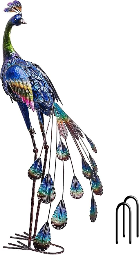 TERESA'S COLLECTIONS Garden Decor, Peacock Garden Decor with Colorful Painting, 24'', Waterproof Metal Garden Statue, Peacock Gifts, Garden Gifts for Women Mom, Indoor/Outdoor