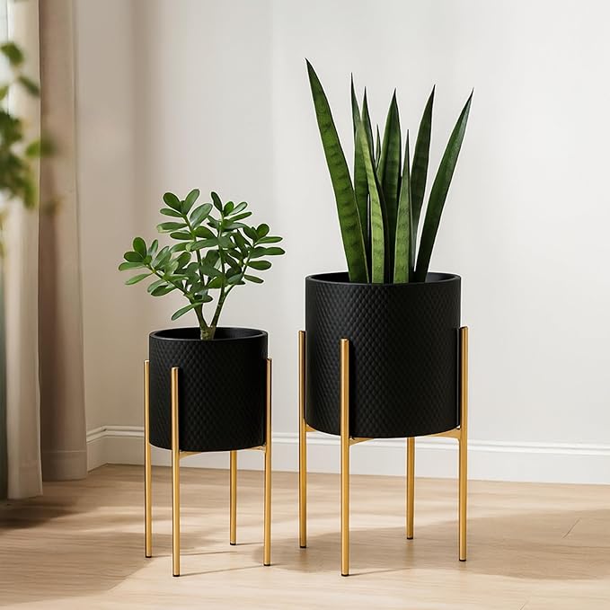 Set of 2 Metal Decorative Planter Pot with Gold Stand – Outdoor & Indoor Plant Pot with Embossed Textured Finish – Modern Garden & Home Decor Iron Planters – 23" & 19", Black